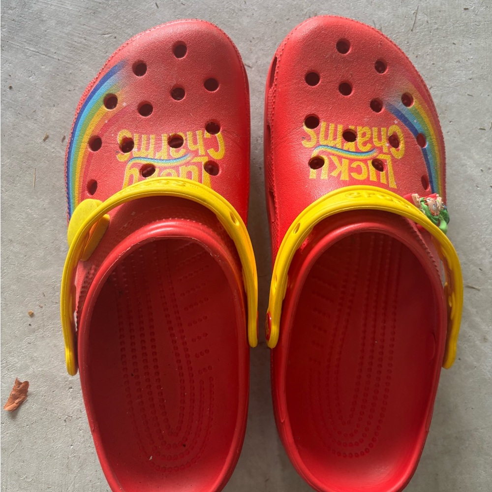 CROCS Adult Red Shoes with Lucky Charm Rainbow Accents